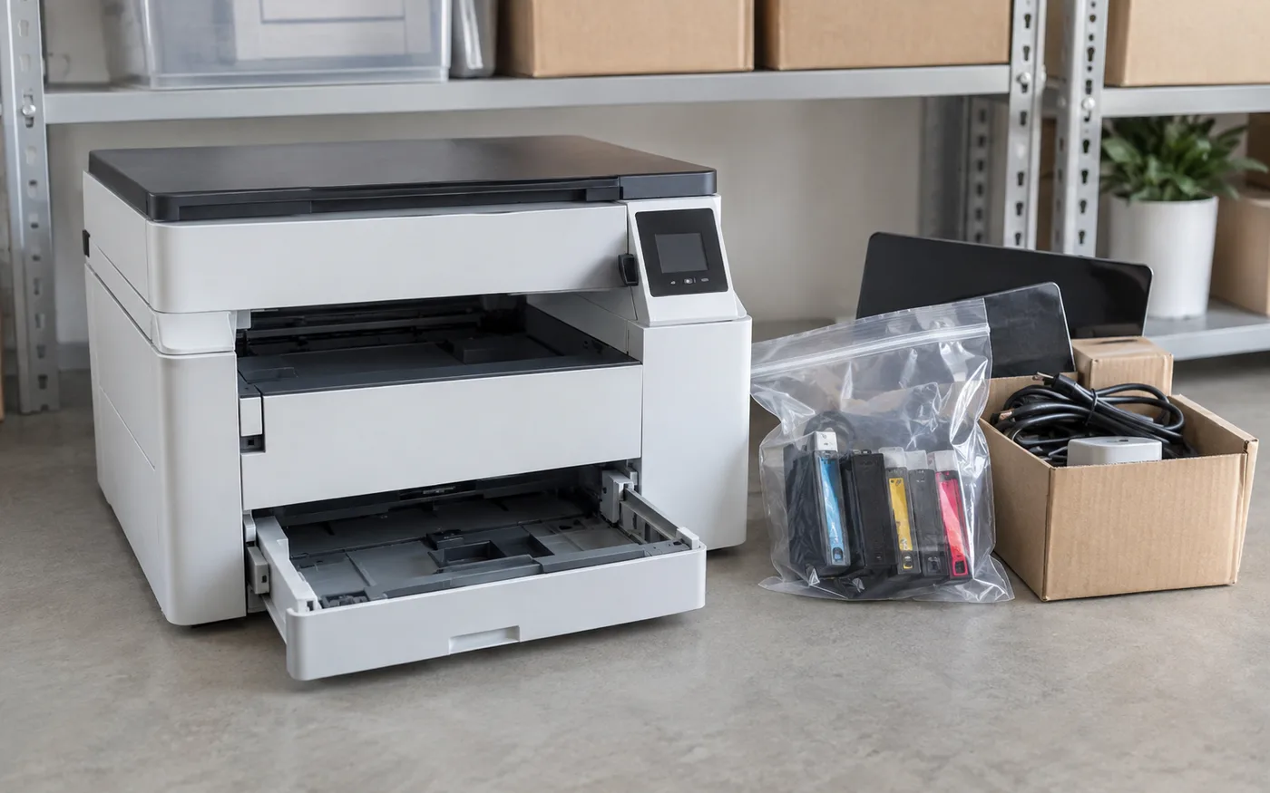 Unbranded office printer with loose cartridges sealed in a clear bag and cables boxed separately