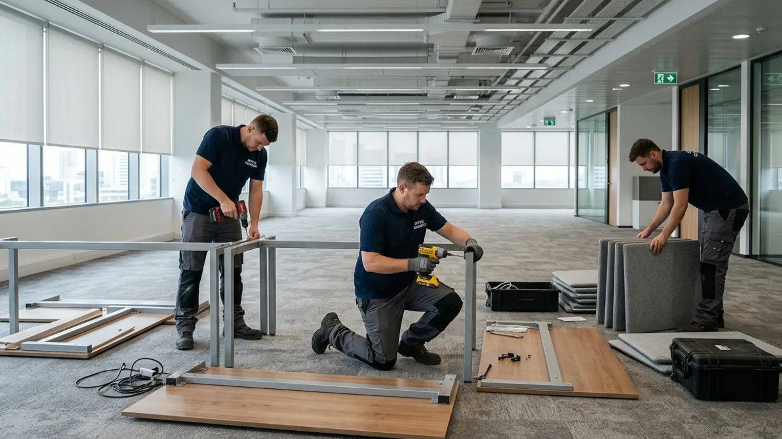 Three crew members in navy polo shirts dismantling desk frames and stacking fabric screen panels in an empty office floor