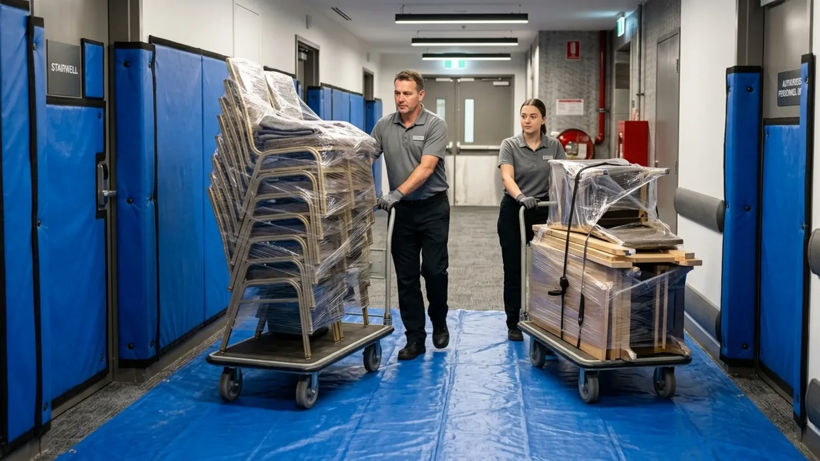 Two crew members pushing trolleys of wrapped chairs and furniture along a corridor with padded blue wall protection and a blue floor cover