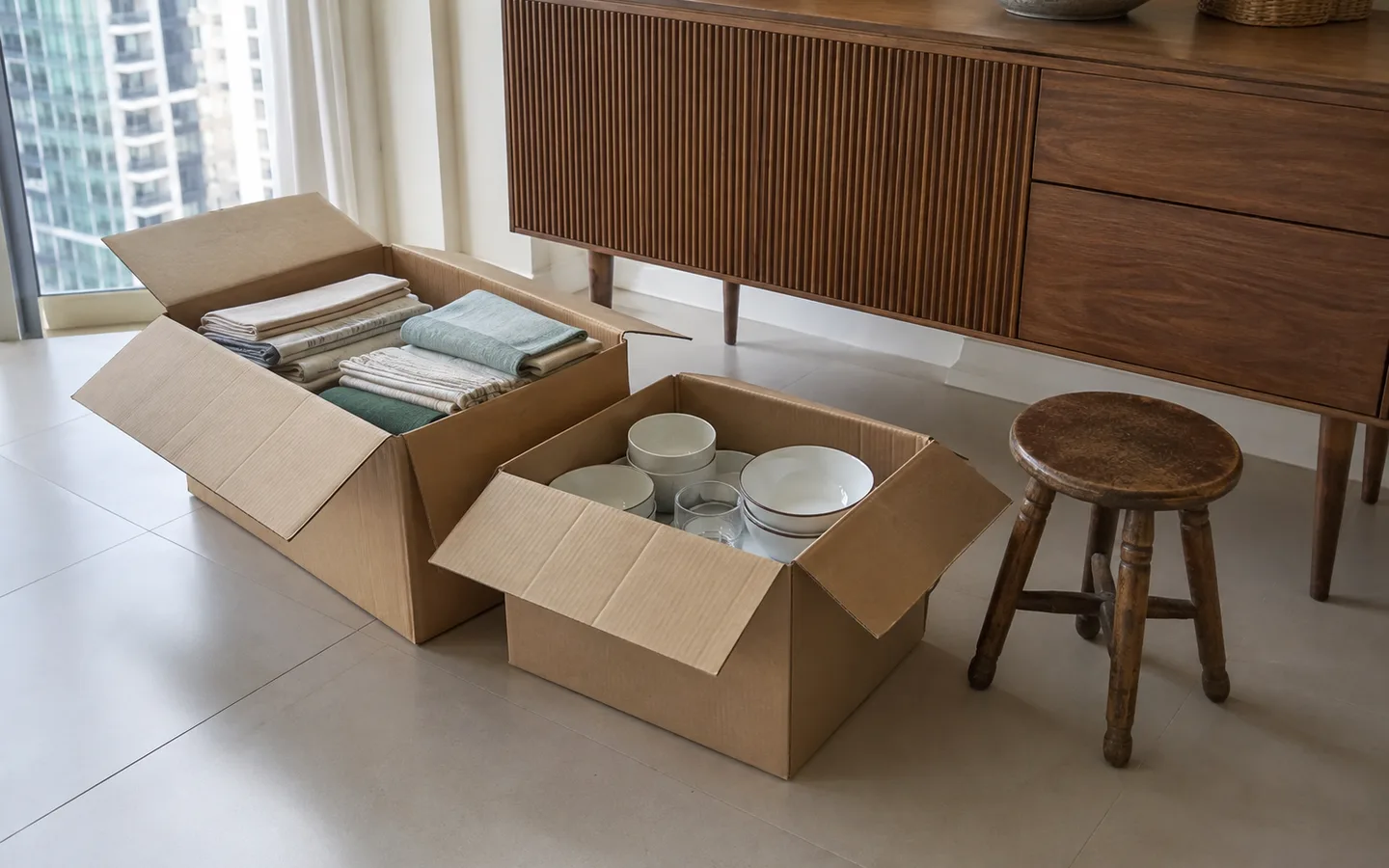 Folded linens and intact kitchenware in separate open boxes beside a worn stool on an indoor tiled floor
