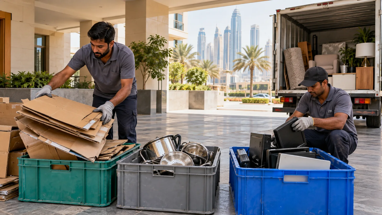 Dubai removal crew separating clean cardboard, metal household items, and electronics during a junk pickup