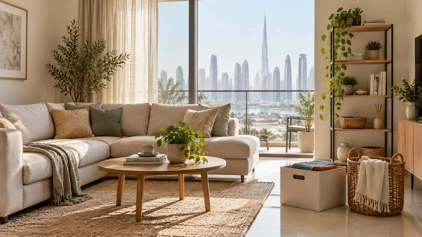 Calm Dubai apartment living room with an organized shelf and sorting baskets