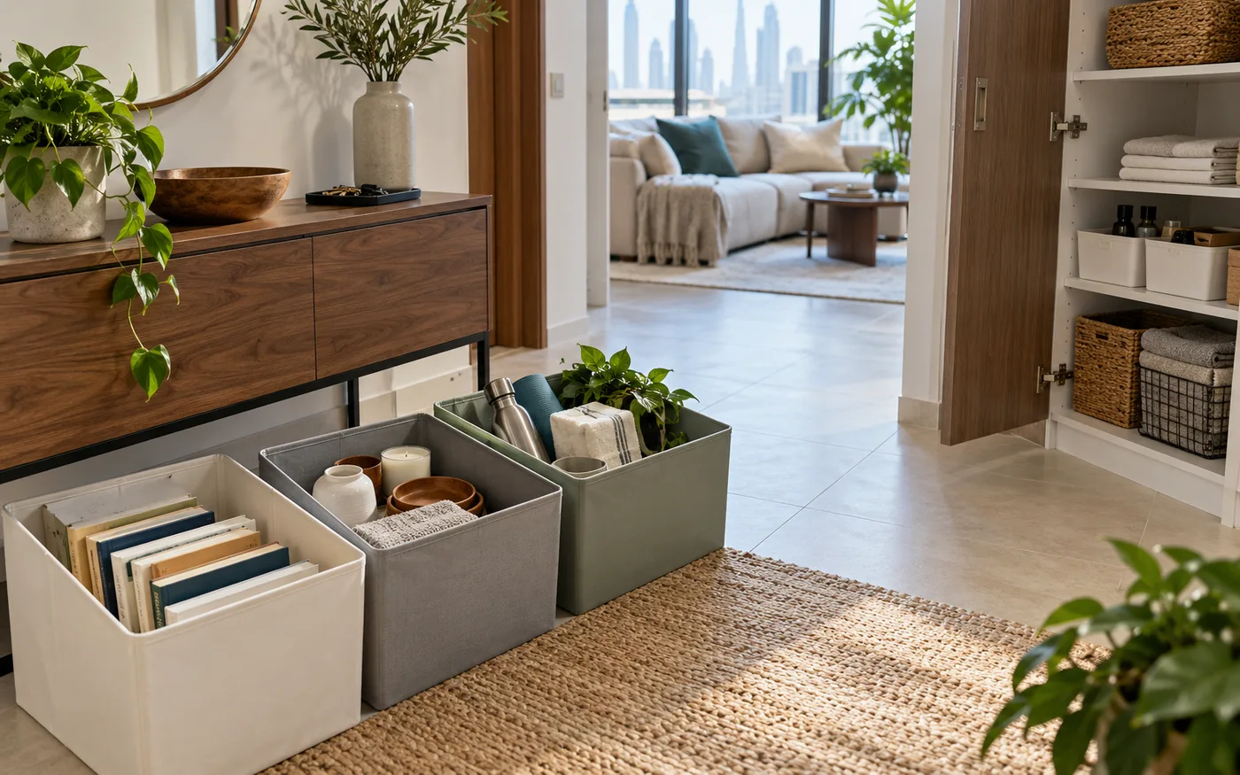 Three plain sorting containers beside an organized cupboard in a bright Dubai apartment