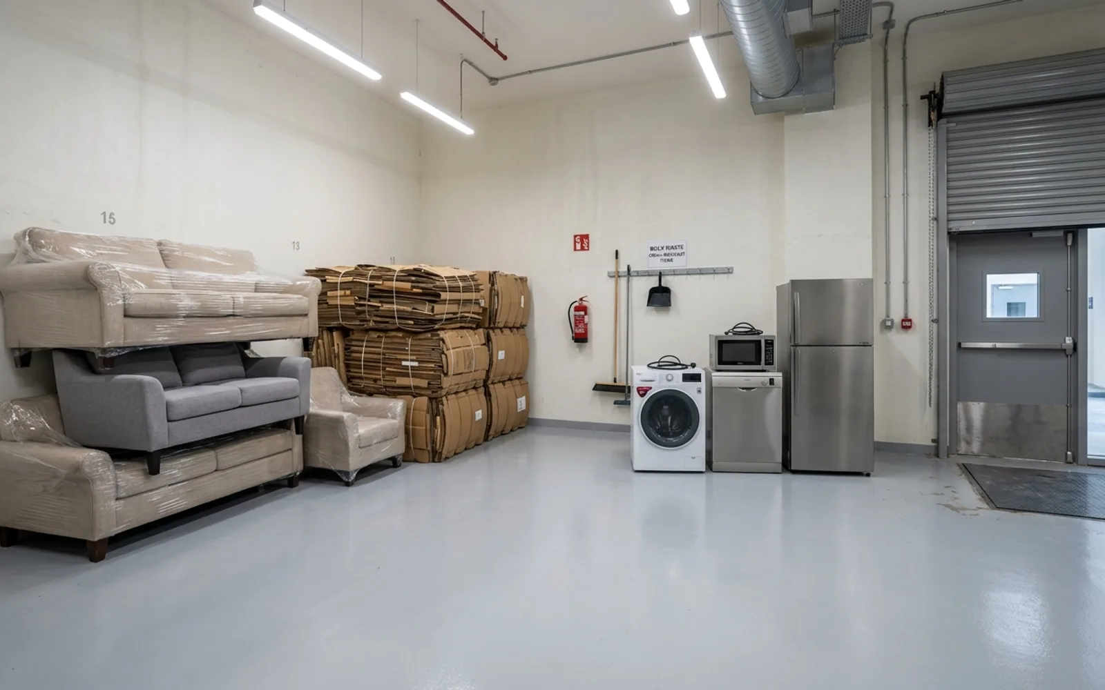 A residential building's ground-floor staging room with wrapped sofas, stacked cartons, a washing machine and a fridge beside a service door