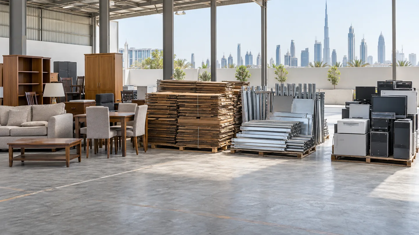 Reusable furniture, flattened cardboard, clean metal and boxed electronics separated in a covered Dubai sorting area