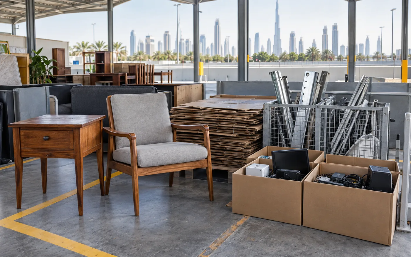 A reusable wooden chair and side table separated from flattened cardboard, clean metal rails and boxed electronics