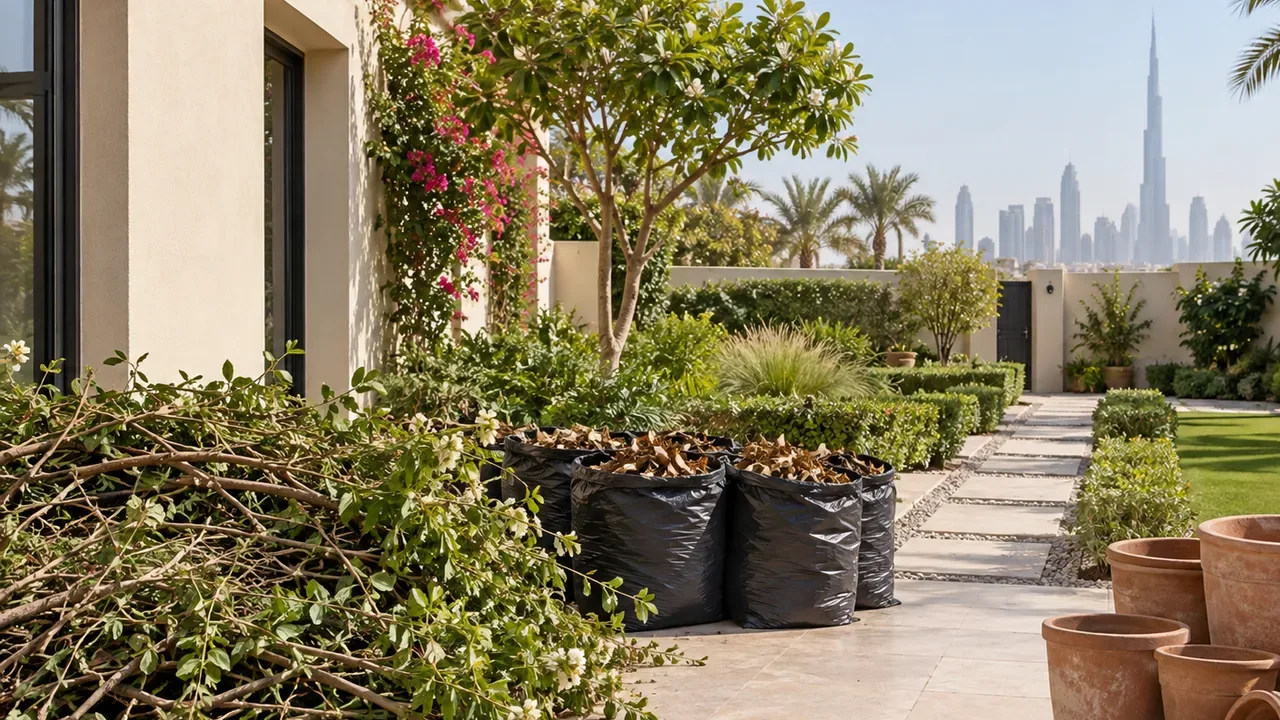 Cut branches, bagged dry leaves and empty terracotta pots on a paved Dubai villa terrace with the Downtown skyline behind