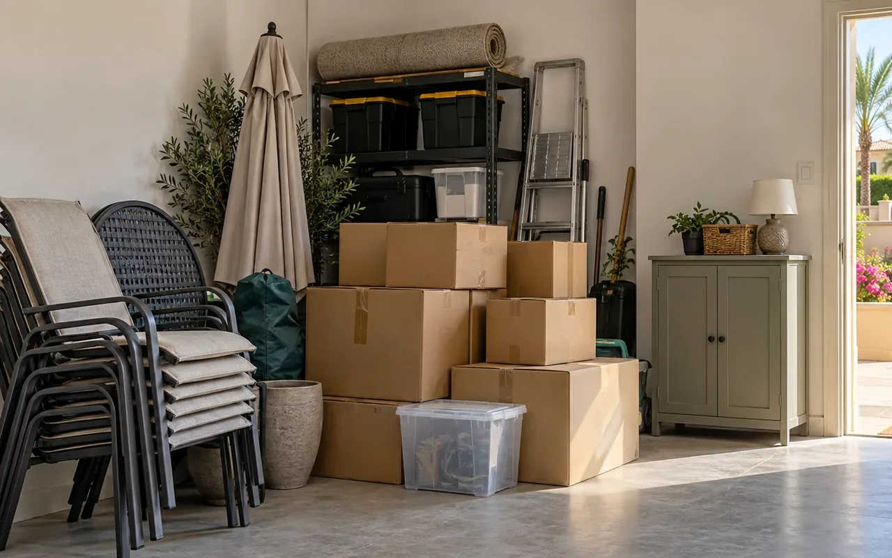 Stacked outdoor chairs, a folded parasol and taped storage boxes grouped in a Dubai villa garage ready for removal