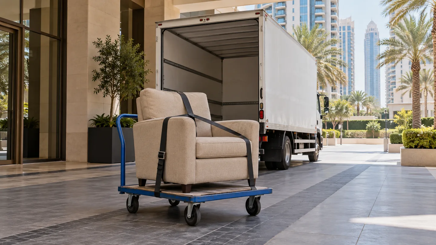 Strapped armchair on a blue furniture trolley beside a white truck at an apartment loading entrance