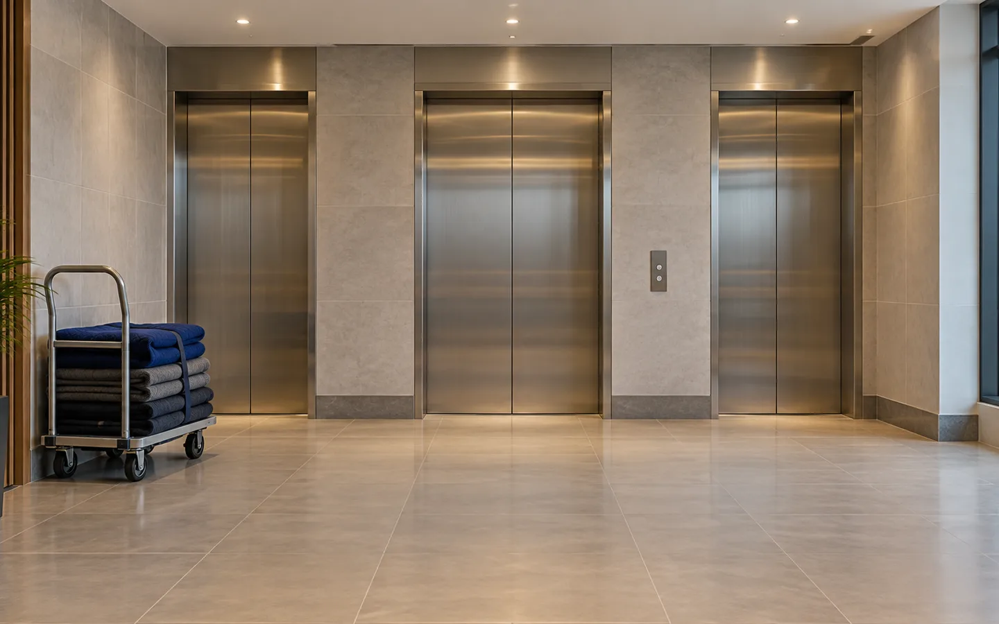 Clear apartment service lift lobby with a furniture trolley and folded moving blankets beside the wall