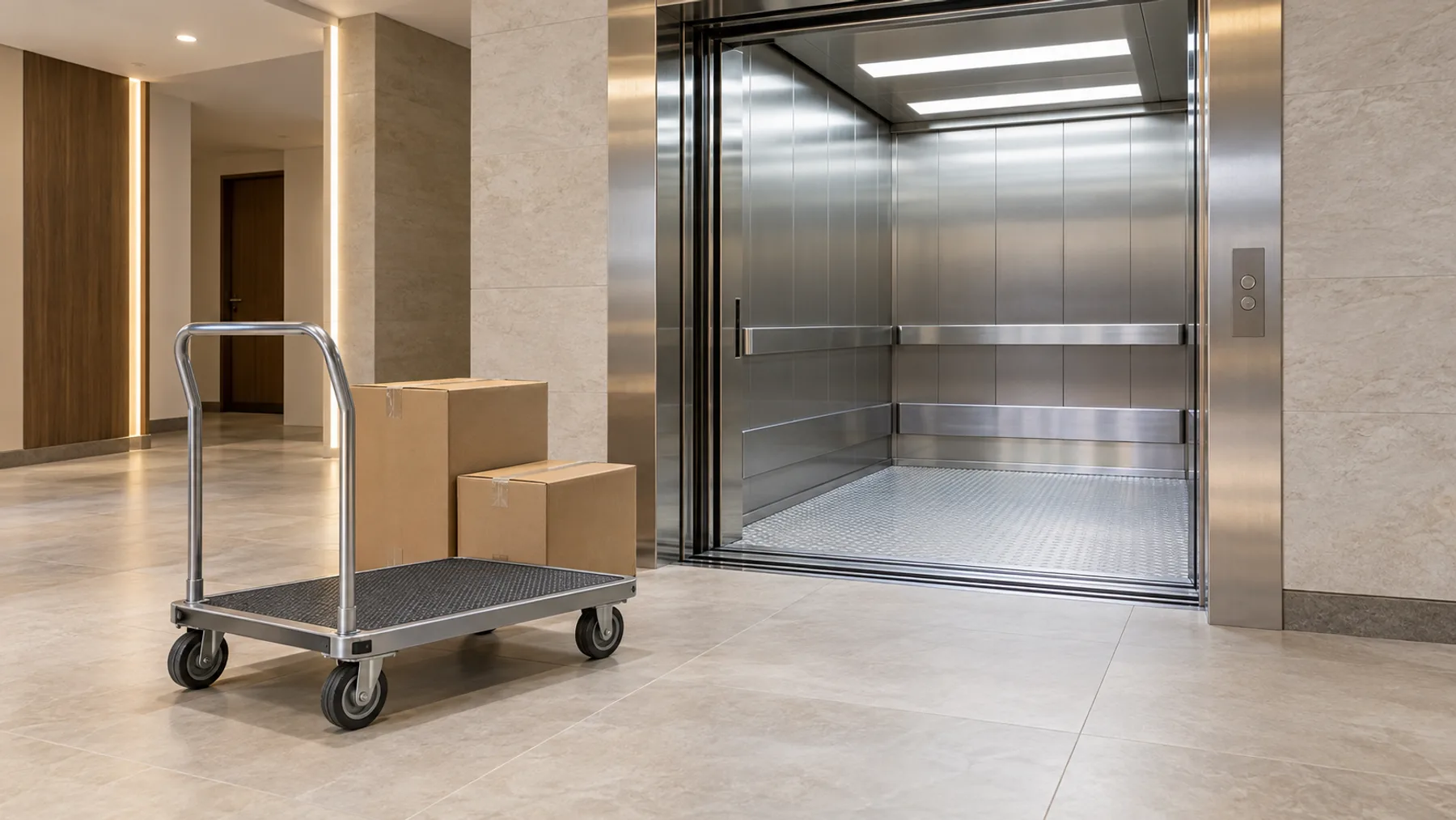 Open service elevator with a flat trolley and sealed boxes in a modern Dubai tower