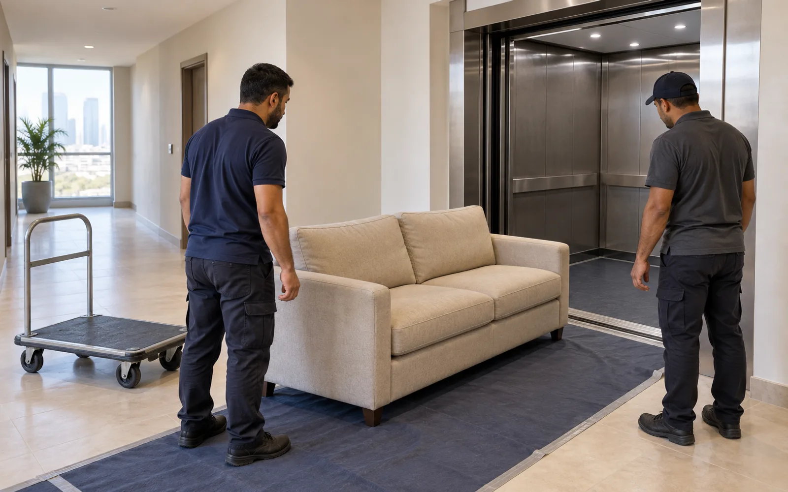 Two removal workers assessing a sofa beside an open service elevator in a Dubai apartment corridor