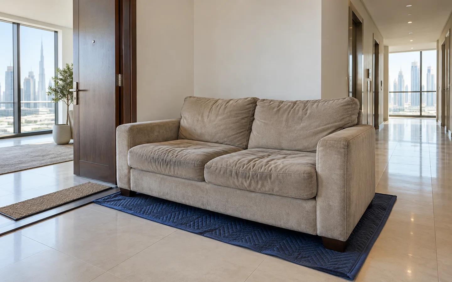 One two-seat sofa placed on a protective blanket beside a clear Dubai apartment doorway for collection