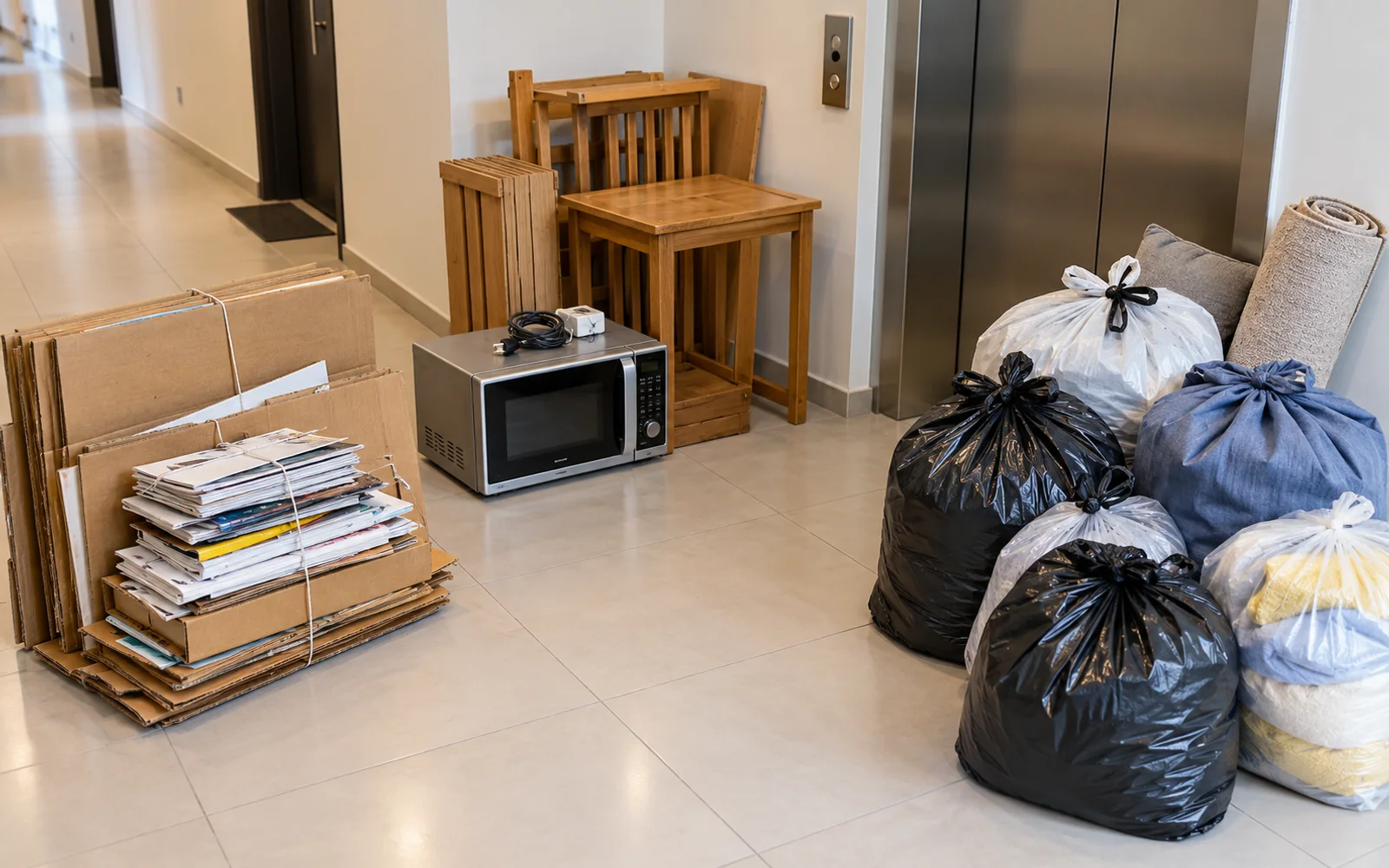 Cardboard, a small appliance, wooden furniture, and tied household bags separated beside a Dubai service lift