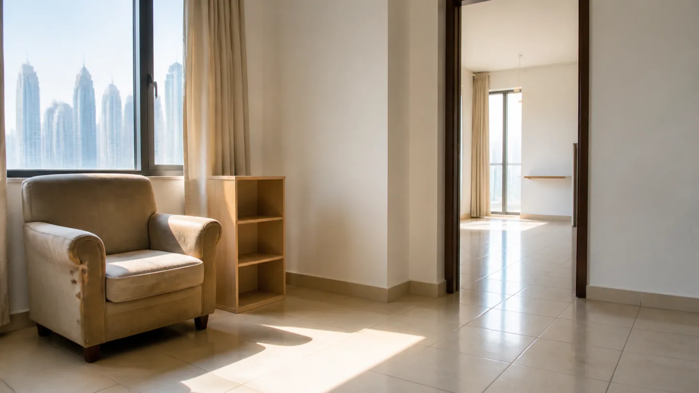 Unwanted armchair and empty shelf inside a bright apartment with hazy high-rise buildings beyond the window