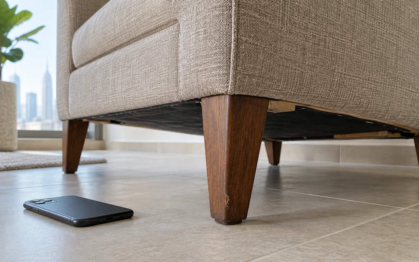 Close inspection of an unbranded sofa leg with a small scuff in a Dubai apartment