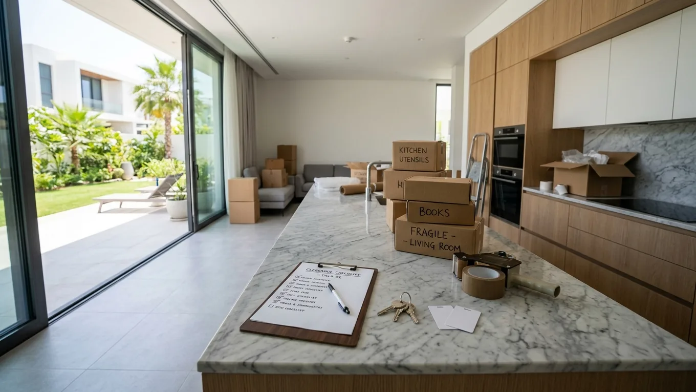 Clipboard with a clearance checklist, access keys, and packing boxes on a modern Dubai villa kitchen marble counter
