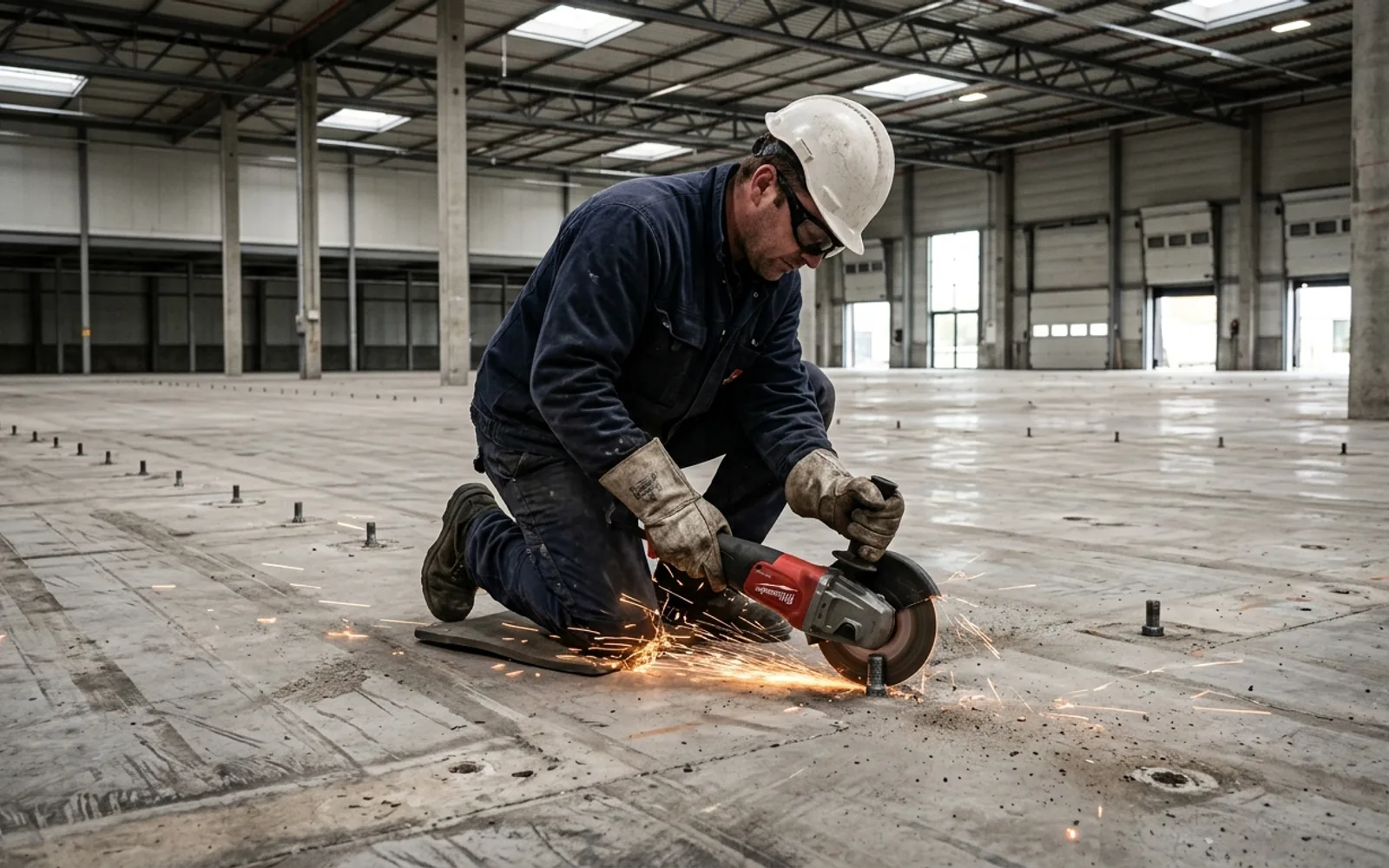 Industrial maintenance technician cutting protruding steel anchor bolts flush with the concrete warehouse floor