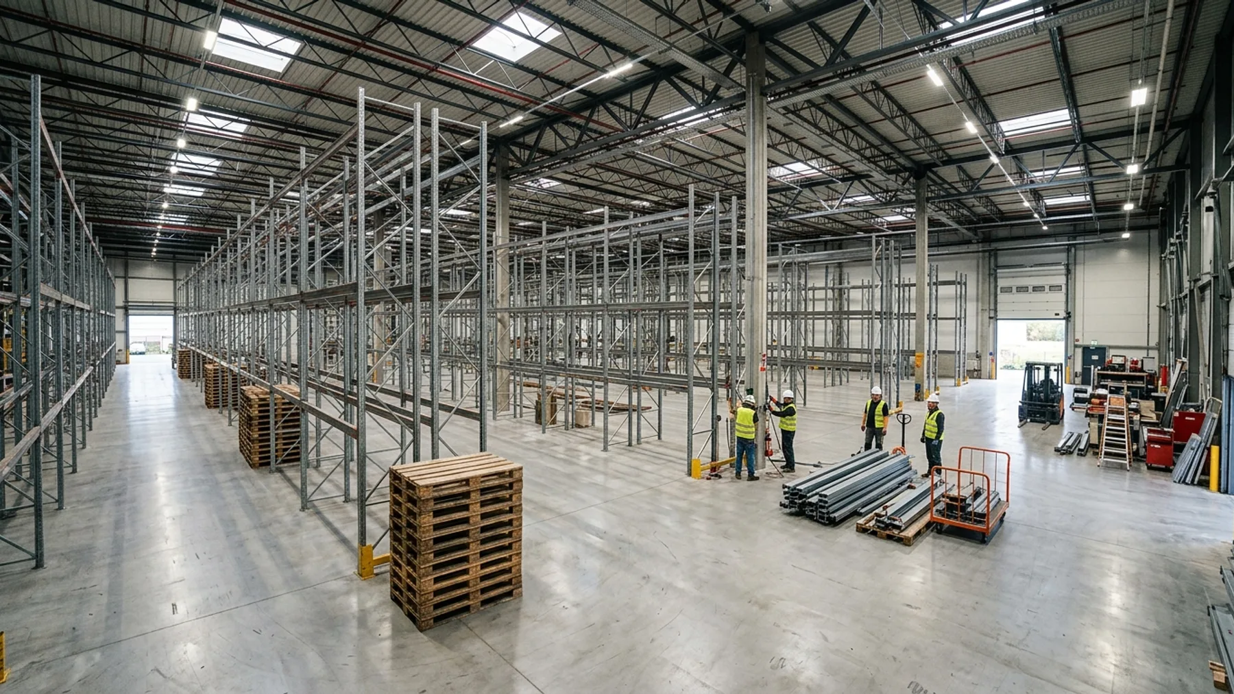 Industrial logistics warehouse interior during pallet rack dismantling and pallet clearance in Dubai