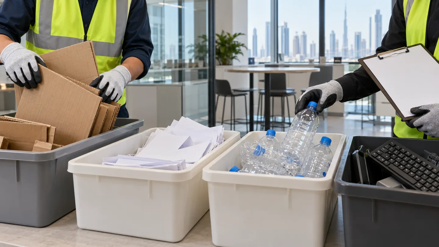 Office waste audit with cardboard paper bottles and old keyboards separated into plain containers