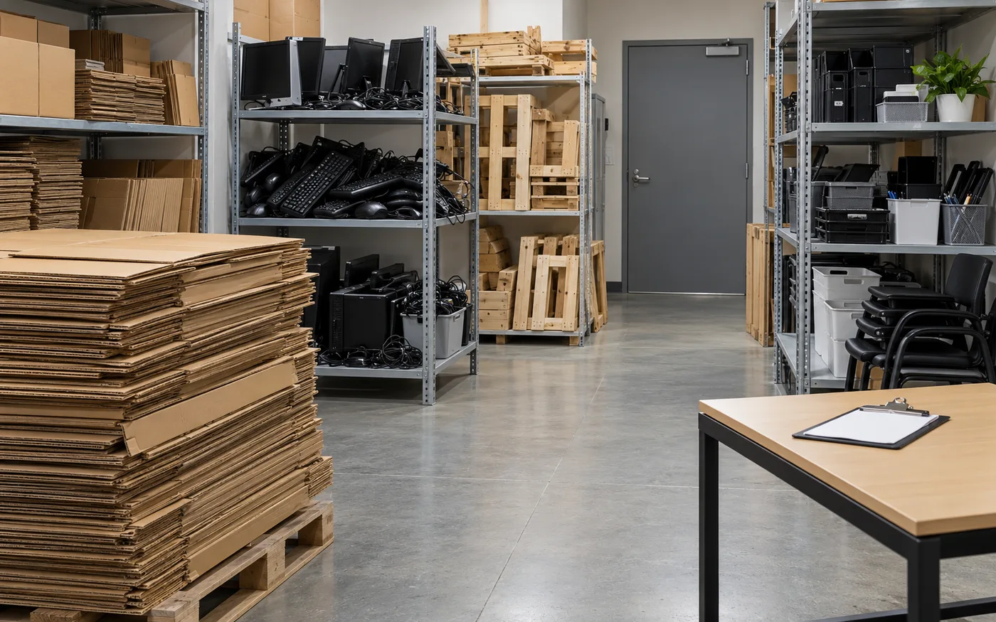 Office storeroom with flattened cardboard computer equipment wood pieces and supplies separated for review