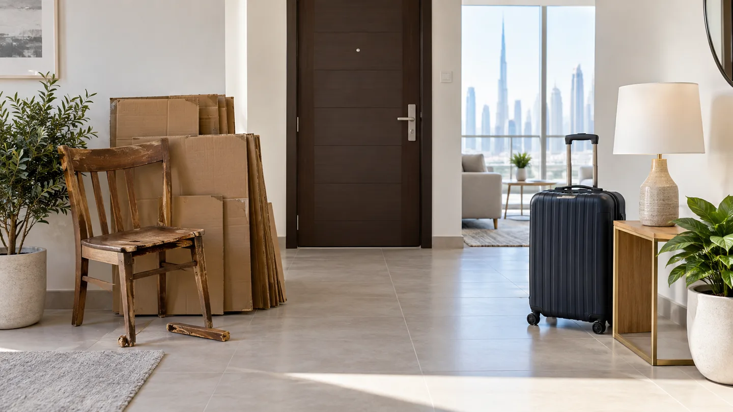 Broken chair and flattened cardboard separated from retained household items in a Dubai apartment entry