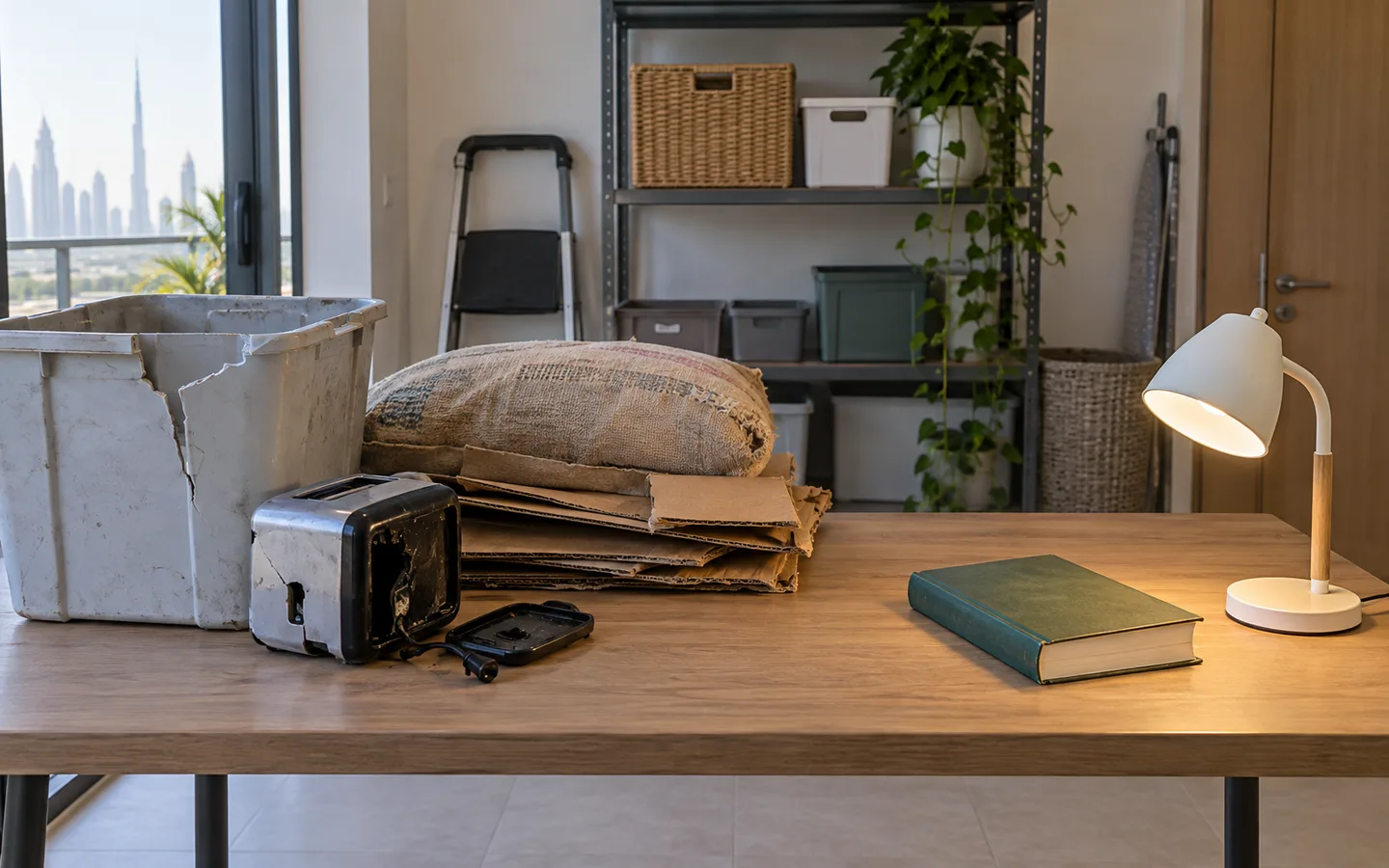 Broken storage bin, small appliance and flattened cardboard separated from an intact lamp and book in a Dubai utility room
