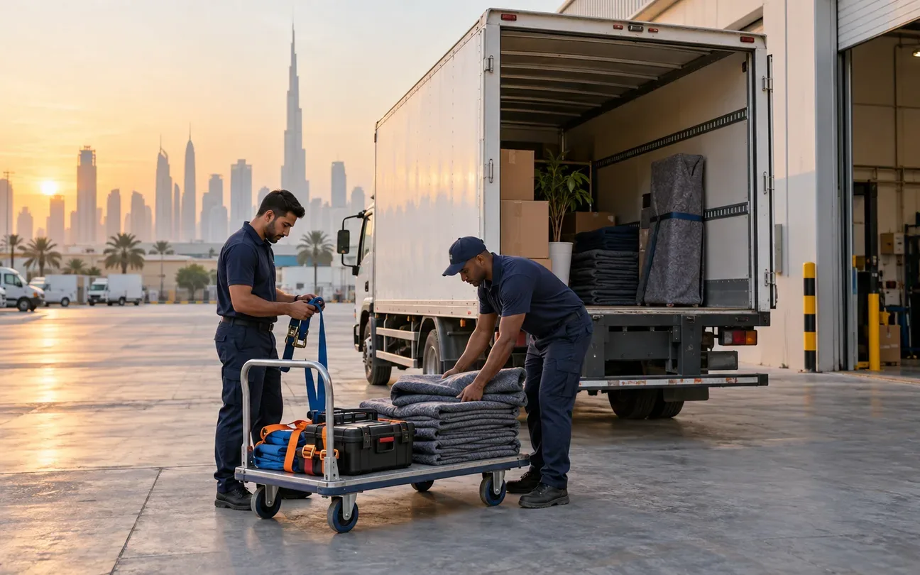 Crew checking a trolley and vehicle before a Dubai collection visit