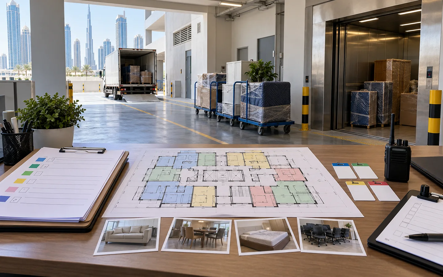 Floor plan, unit checklist, furniture groups, and service-lift schedule arranged on a facilities desk beside a Dubai tower loading bay