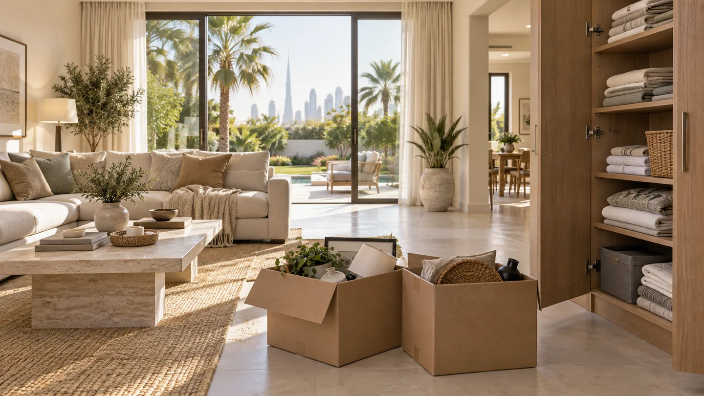 Open cupboard, sorted linens and boxes of household items in a bright villa living room